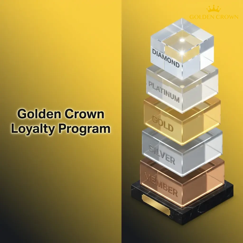 Golden Crown Casino loyalty program tiers: Bronze, Silver, Gold, Platinum, VIP with points, cashback, and exclusive rewards.