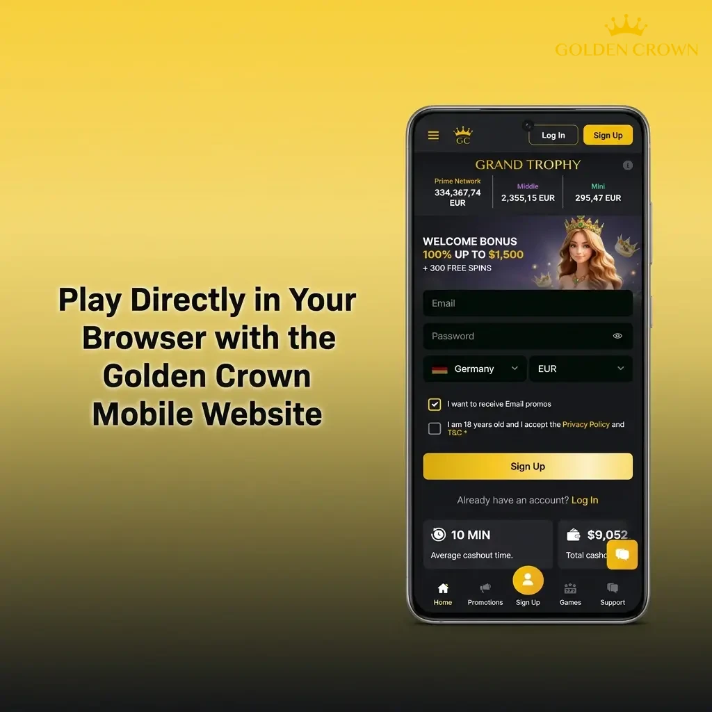Mobile browser displaying Golden Crown Casino website on smartphone, showing full game library access without app download required.