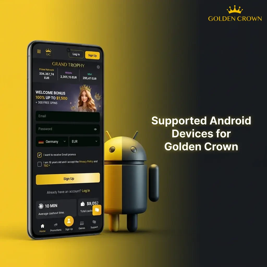 Android phones including Samsung, Google Pixel, OnePlus, Xiaomi, and Sony models compatible with Golden Crown PWA app